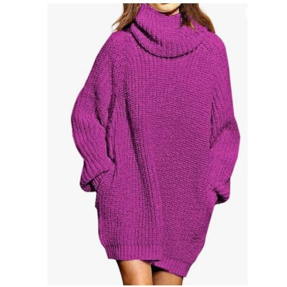 Pink Queen Women's Turtleneck Oversize Long Pullover Sweater Dress